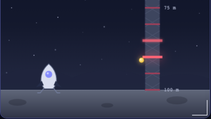 Landed spacecraft beside a drop tower on an unknown world