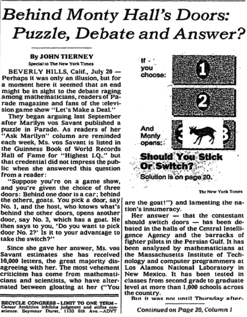 New York Times article titled Behind Monty Hall's Doors: Puzzle, Debate and Answer?